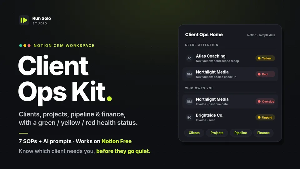Client Ops Kit Notion CRM for freelancers with client health status green, yellow and red