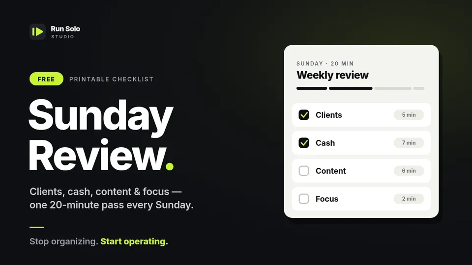 Free weekly review template with Clients, Cash, Content and Focus blocks