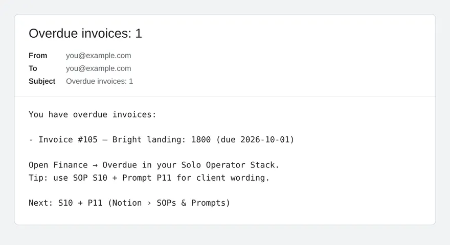 Example overdue invoice email sent by an n8n workflow from a Notion invoice tracker, sample data